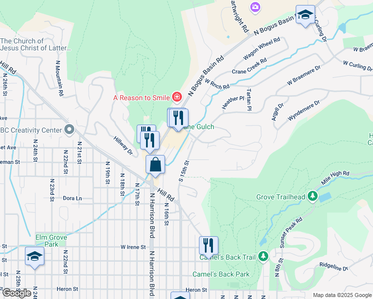 map of restaurants, bars, coffee shops, grocery stores, and more near 2503 North 15th Street in Boise