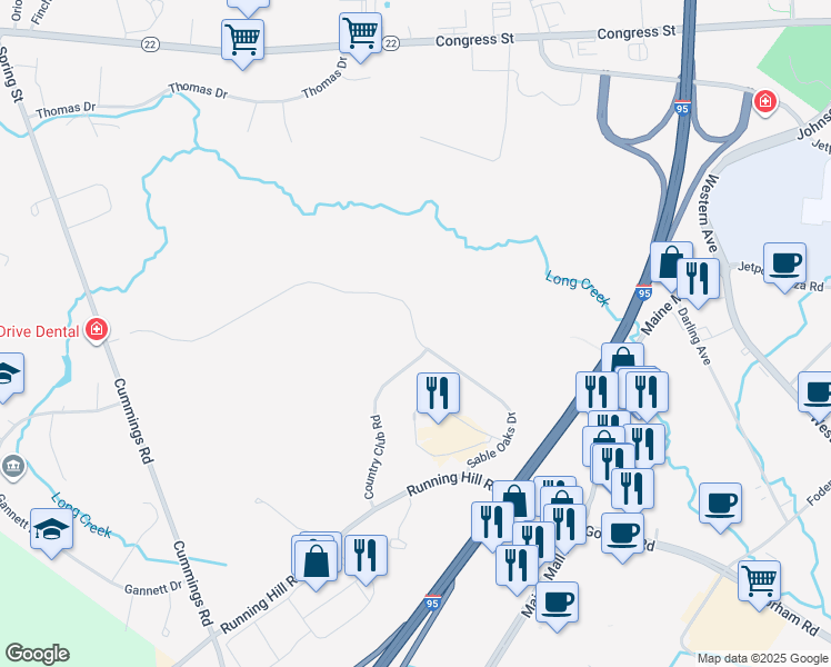 map of restaurants, bars, coffee shops, grocery stores, and more near 707 Sable Oaks Drive in South Portland
