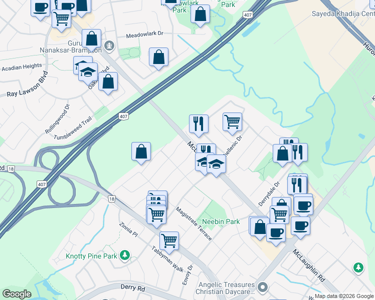 map of restaurants, bars, coffee shops, grocery stores, and more near 515 Matisse Place in Mississauga