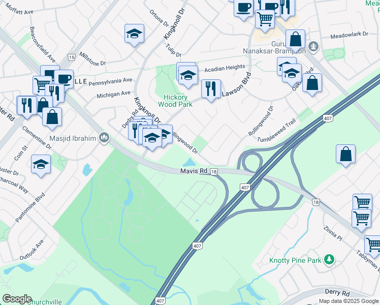 map of restaurants, bars, coffee shops, grocery stores, and more near 150 Rollingwood Drive in Brampton