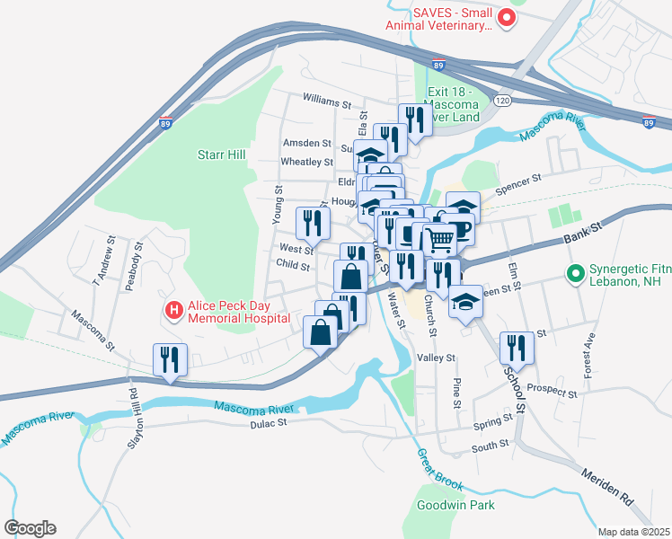 map of restaurants, bars, coffee shops, grocery stores, and more near 6 Bennett Court in Lebanon