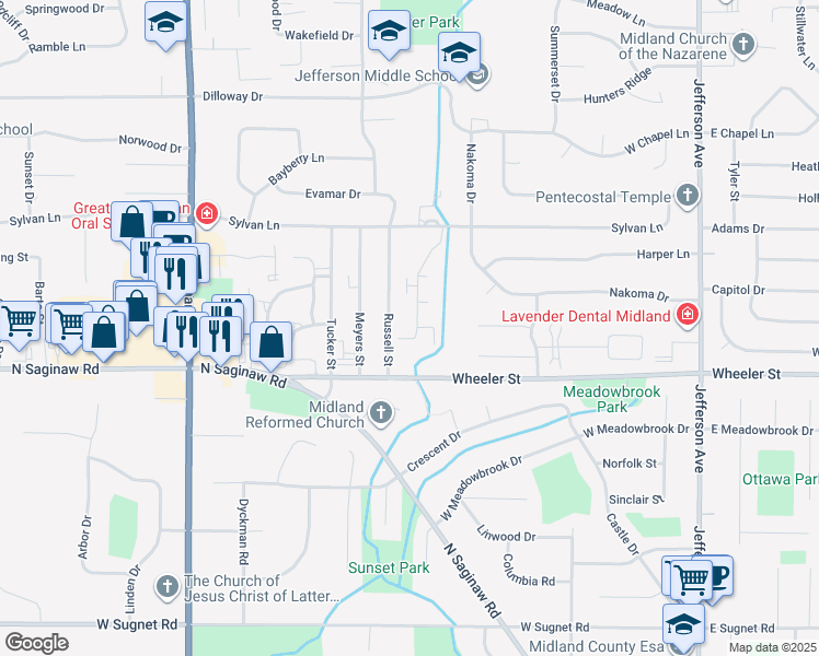 map of restaurants, bars, coffee shops, grocery stores, and more near 4907 Whisper Ridge in Midland