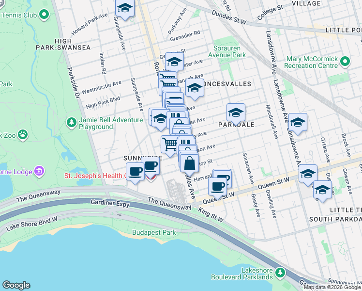 map of restaurants, bars, coffee shops, grocery stores, and more near 115 Roncesvalles Avenue in Toronto