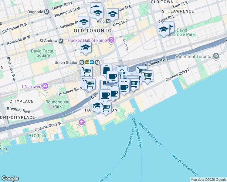 map of restaurants, bars, coffee shops, grocery stores, and more near 33 Bay Street in Toronto