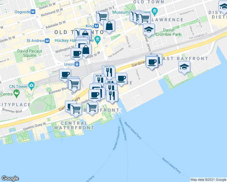 map of restaurants, bars, coffee shops, grocery stores, and more near 10 Yonge Street in Toronto