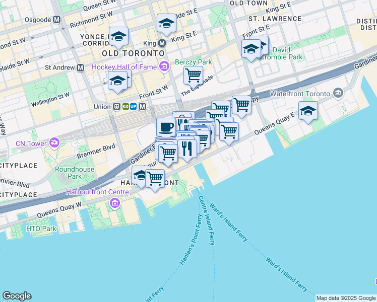 map of restaurants, bars, coffee shops, grocery stores, and more near 10 Yonge Street in Toronto