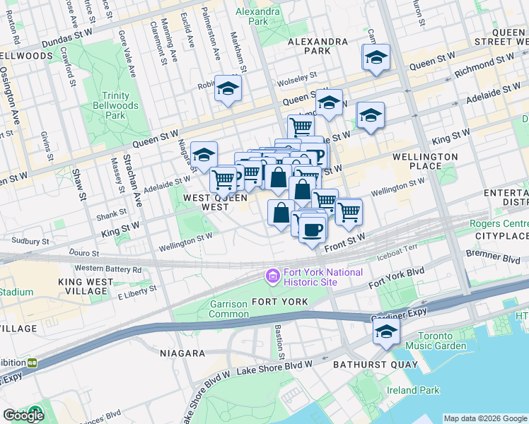 map of restaurants, bars, coffee shops, grocery stores, and more near 39 Tecumseth Street in Toronto
