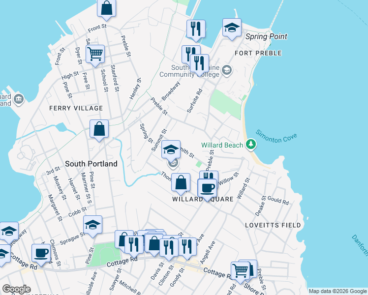 map of restaurants, bars, coffee shops, grocery stores, and more near 59 Smith Street in South Portland