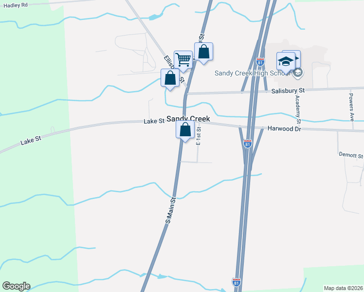 map of restaurants, bars, coffee shops, grocery stores, and more near 6046 South Main Street in Sandy Creek