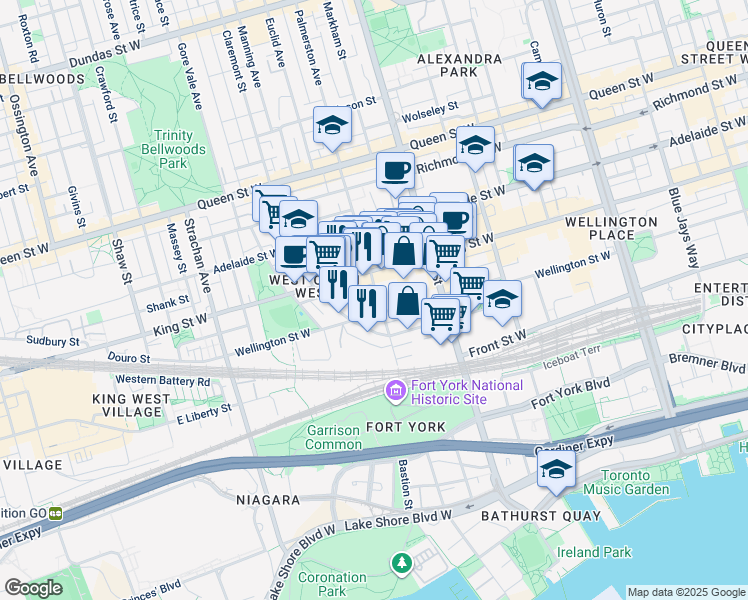 map of restaurants, bars, coffee shops, grocery stores, and more near 660C Wellington Street West in Toronto