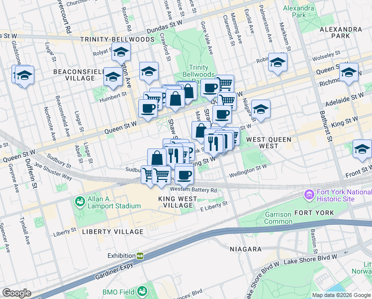 map of restaurants, bars, coffee shops, grocery stores, and more near in Toronto