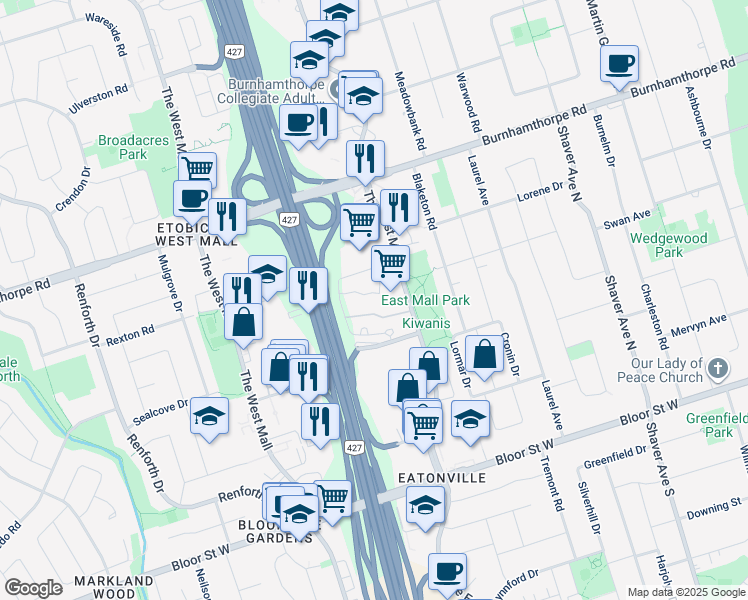 map of restaurants, bars, coffee shops, grocery stores, and more near in Toronto