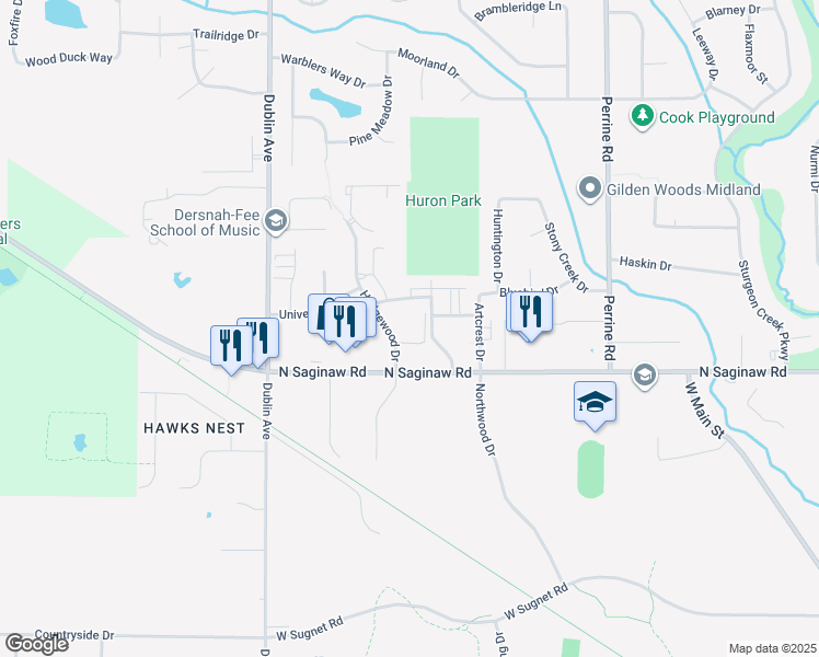 map of restaurants, bars, coffee shops, grocery stores, and more near 4900 Hedgewood Drive in Midland