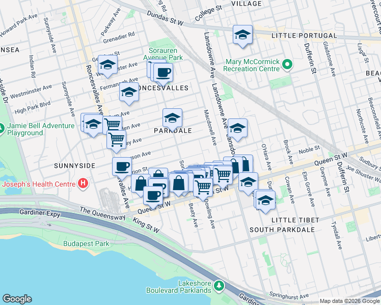 map of restaurants, bars, coffee shops, grocery stores, and more near in Toronto
