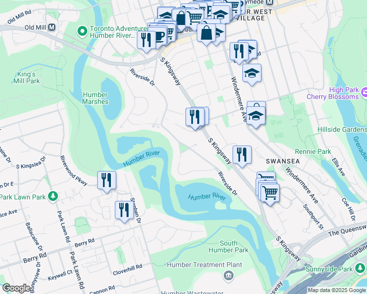 map of restaurants, bars, coffee shops, grocery stores, and more near 222 Riverside Drive in Toronto