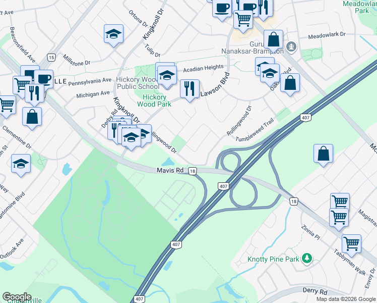 map of restaurants, bars, coffee shops, grocery stores, and more near 5 Lennon Trail in Brampton