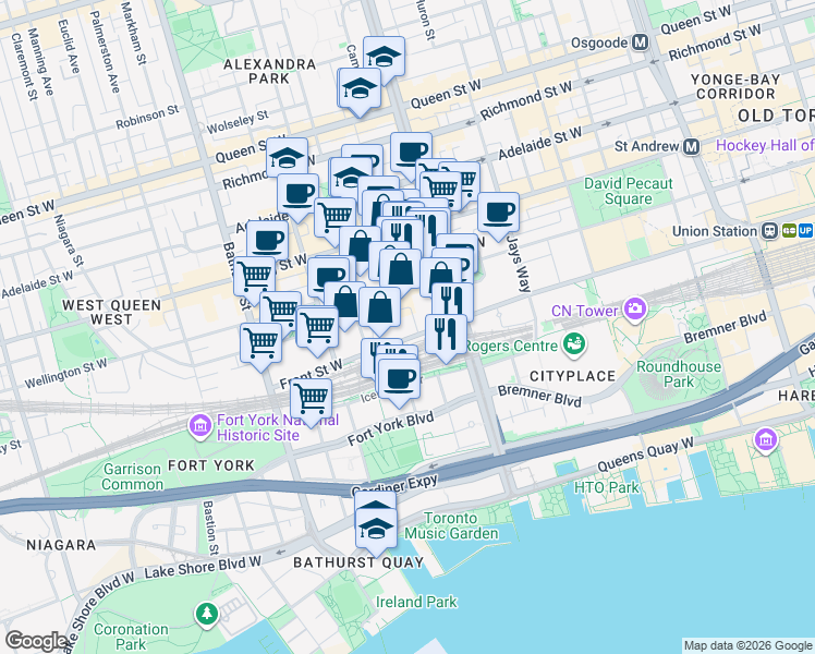 map of restaurants, bars, coffee shops, grocery stores, and more near 450 Front Street West in Toronto