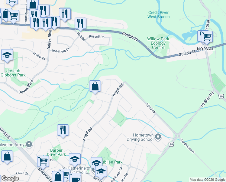 map of restaurants, bars, coffee shops, grocery stores, and more near 15295 Argyll Road in Halton Hills
