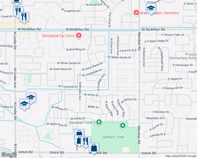 map of restaurants, bars, coffee shops, grocery stores, and more near 4177 North Portage Avenue in Meridian
