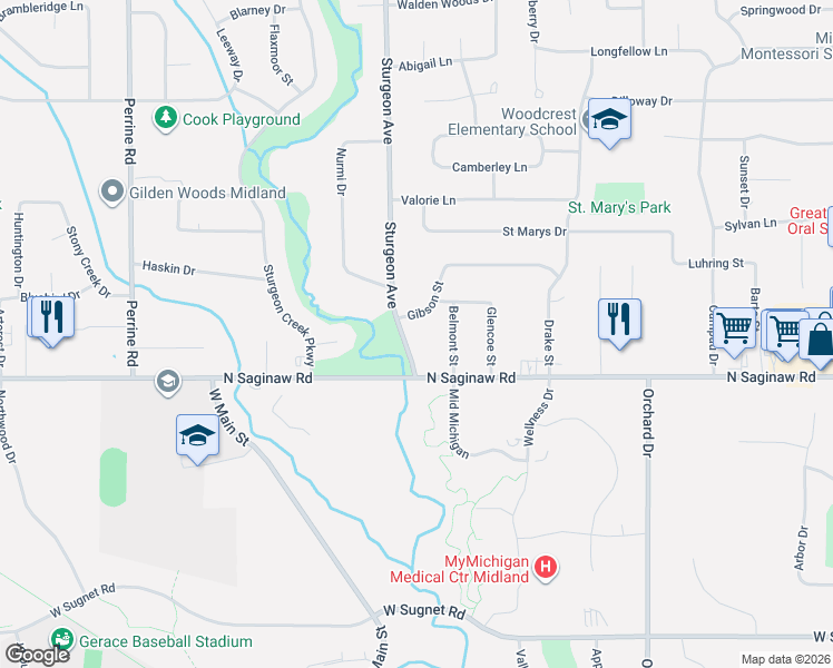 map of restaurants, bars, coffee shops, grocery stores, and more near 4906 Sturgeon Avenue in Midland