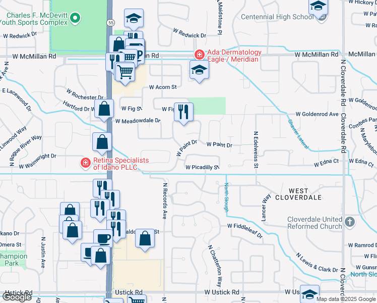 map of restaurants, bars, coffee shops, grocery stores, and more near 13248 West Scotfield Street in Boise