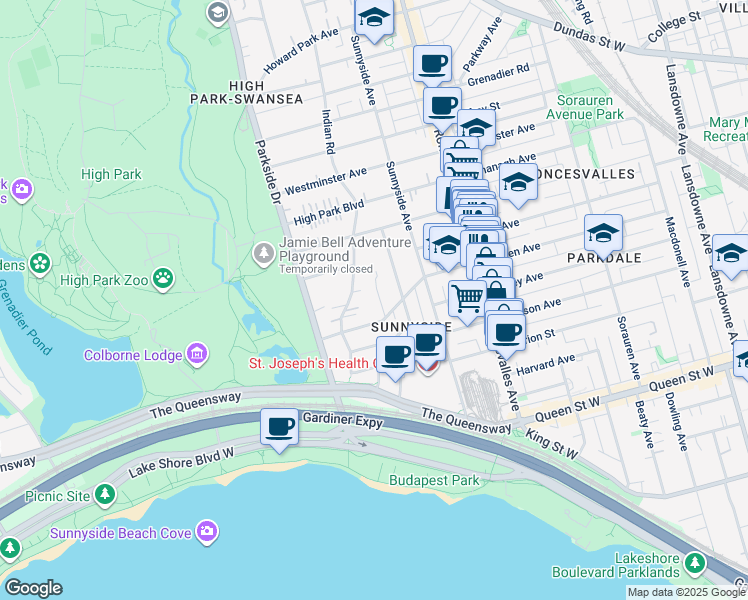 map of restaurants, bars, coffee shops, grocery stores, and more near 22 Ridley Gardens in Toronto