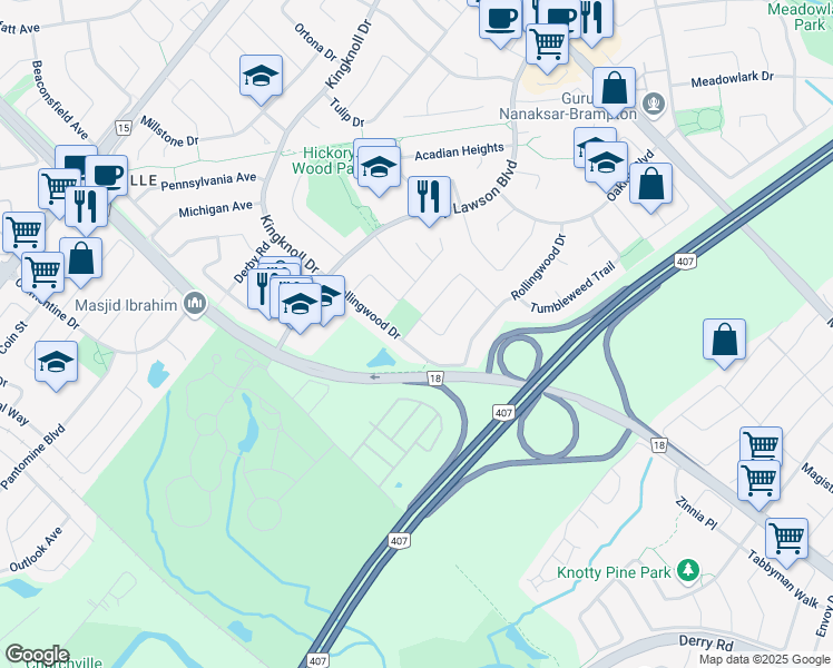 map of restaurants, bars, coffee shops, grocery stores, and more near 5 Lennon Trail in Brampton