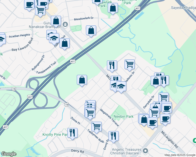 map of restaurants, bars, coffee shops, grocery stores, and more near 539 Rossellini Drive in Mississauga