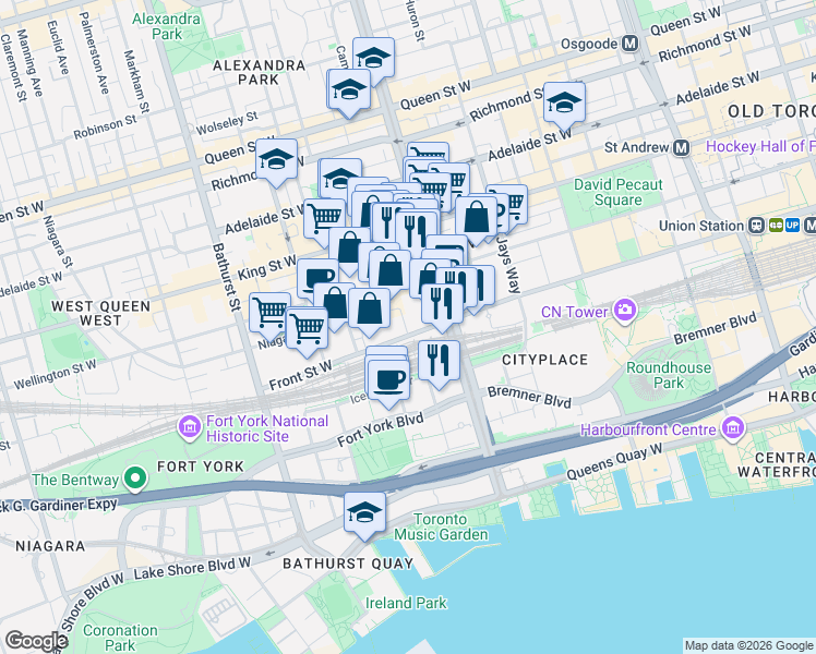 map of restaurants, bars, coffee shops, grocery stores, and more near 450 Front Street West in Toronto