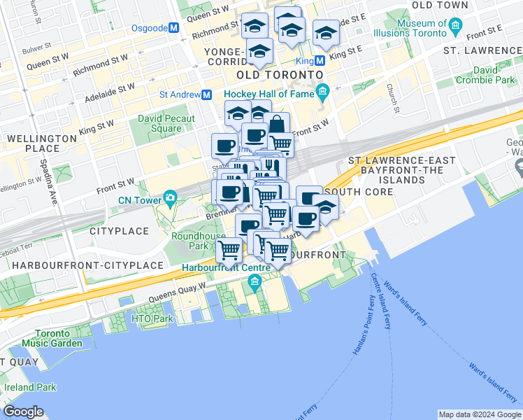 map of restaurants, bars, coffee shops, grocery stores, and more near in Toronto