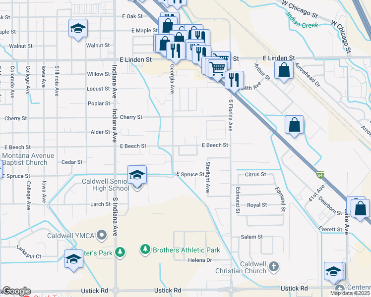 map of restaurants, bars, coffee shops, grocery stores, and more near 2508 East Beech Street in Caldwell