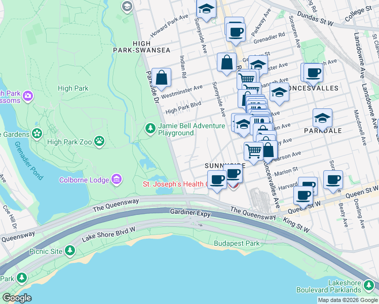 map of restaurants, bars, coffee shops, grocery stores, and more near 96 Indian Road in Toronto