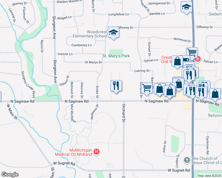 map of restaurants, bars, coffee shops, grocery stores, and more near 4901 Natalie Street in Midland