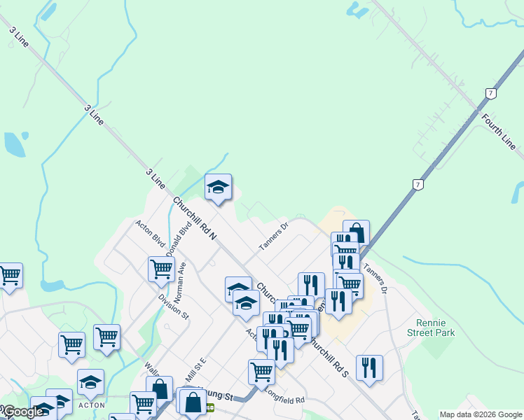 map of restaurants, bars, coffee shops, grocery stores, and more near 28 Browns Crescent in Acton