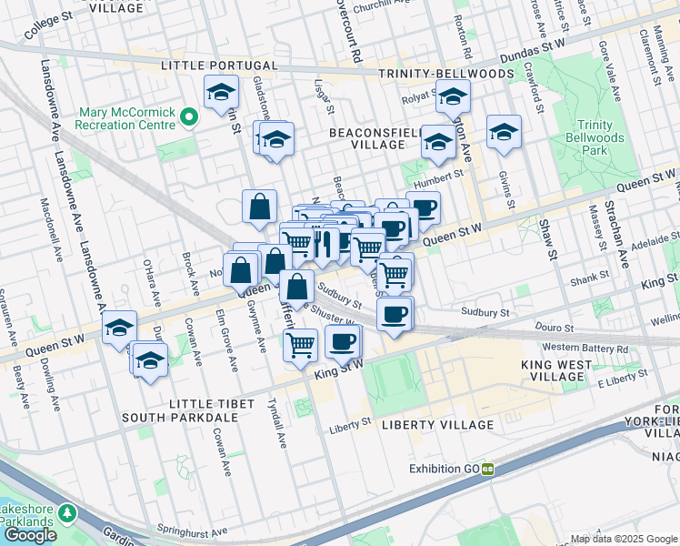 map of restaurants, bars, coffee shops, grocery stores, and more near in Toronto