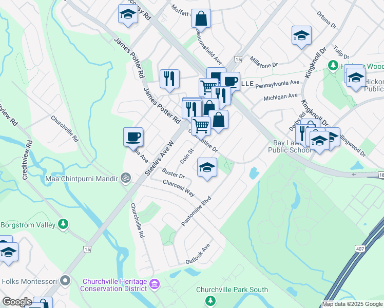map of restaurants, bars, coffee shops, grocery stores, and more near 17 Coin Street in Brampton