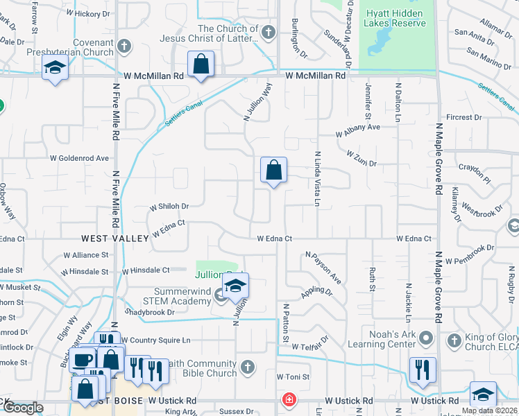 map of restaurants, bars, coffee shops, grocery stores, and more near 4144 North Jullion Way in Boise
