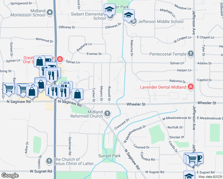 map of restaurants, bars, coffee shops, grocery stores, and more near 4908 Russell Street in Midland