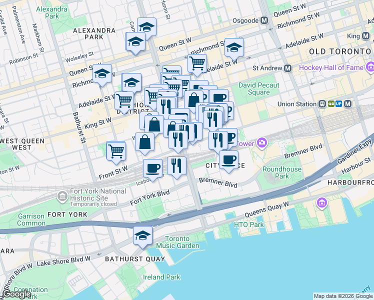 map of restaurants, bars, coffee shops, grocery stores, and more near 397 Front Street West in Toronto
