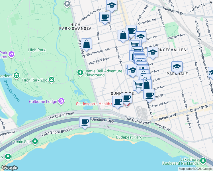 map of restaurants, bars, coffee shops, grocery stores, and more near 96 Indian Road in Toronto