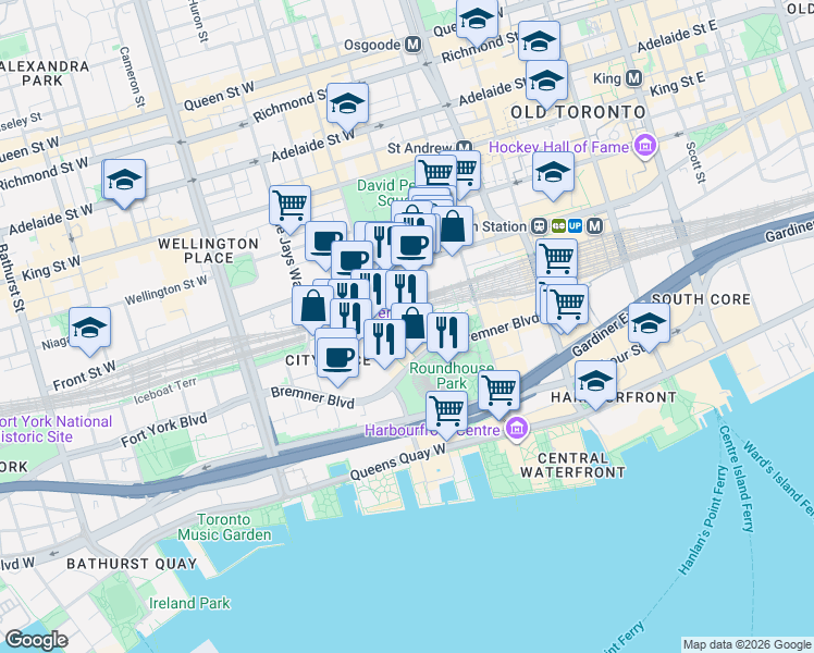 map of restaurants, bars, coffee shops, grocery stores, and more near 290 Bremner Boulevard in Toronto