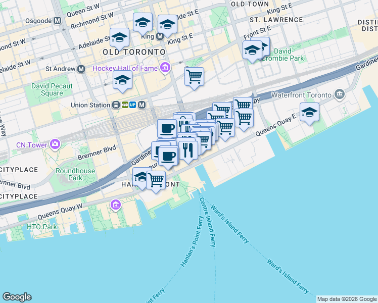 map of restaurants, bars, coffee shops, grocery stores, and more near 10 Yonge Street in Toronto