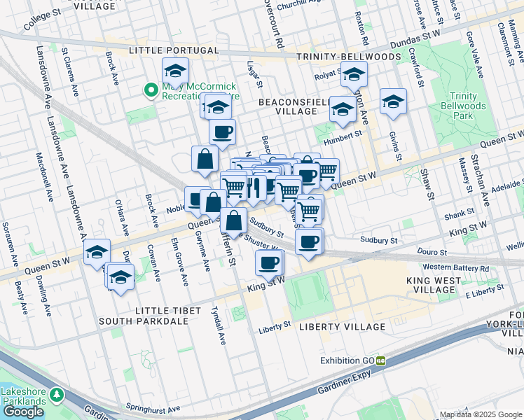 map of restaurants, bars, coffee shops, grocery stores, and more near 1171 Queen Street West in Toronto