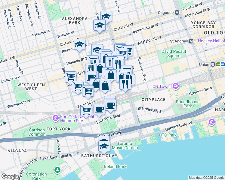 map of restaurants, bars, coffee shops, grocery stores, and more near 470 Front Street West in Toronto