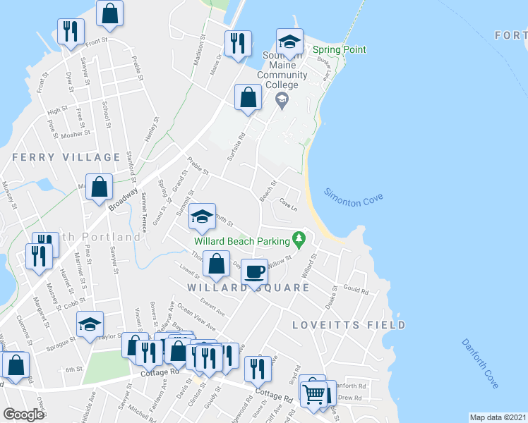 map of restaurants, bars, coffee shops, grocery stores, and more near 308 Preble Street in South Portland