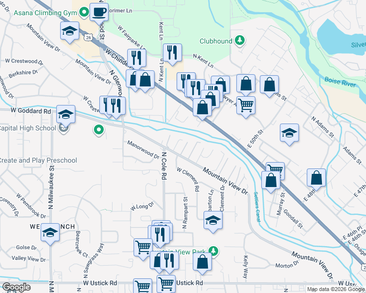 map of restaurants, bars, coffee shops, grocery stores, and more near 4149 North Lenora Drive in Boise