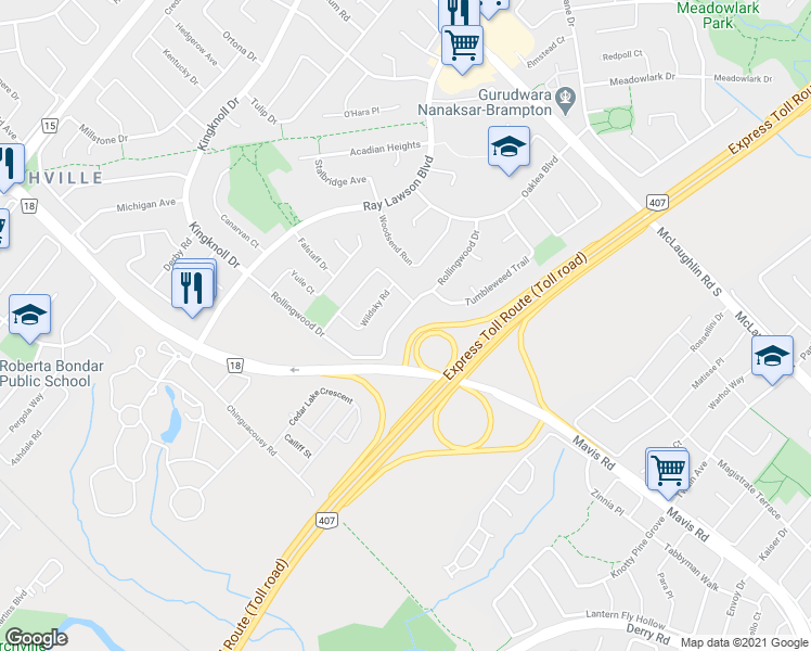 map of restaurants, bars, coffee shops, grocery stores, and more near 62 Rollingwood Drive in Brampton