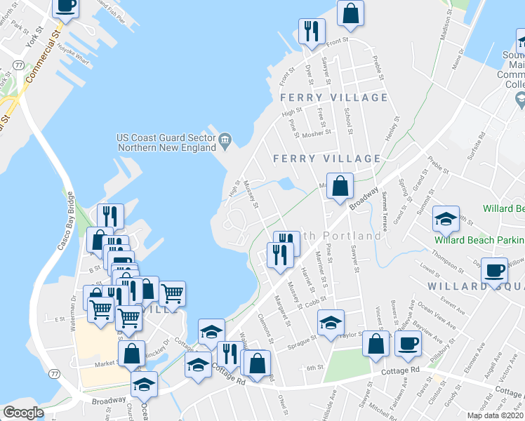 map of restaurants, bars, coffee shops, grocery stores, and more near 52 Mussey Street in South Portland