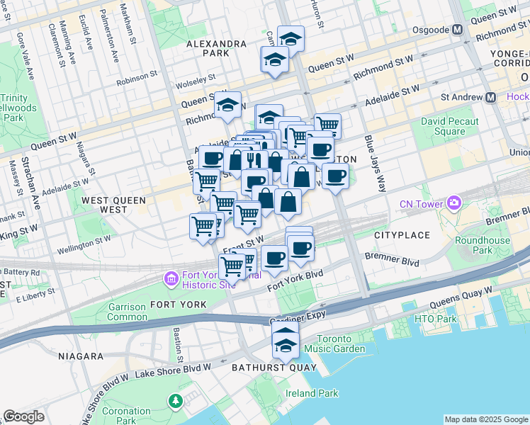map of restaurants, bars, coffee shops, grocery stores, and more near in Toronto