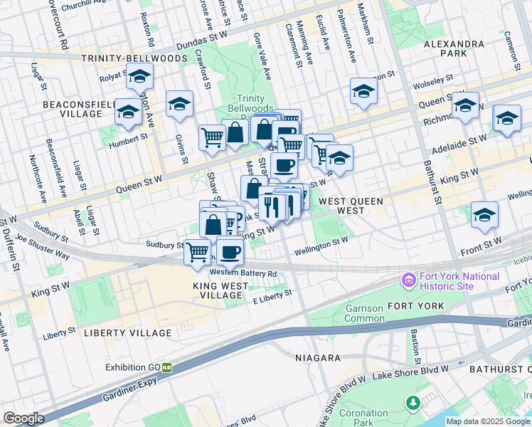 map of restaurants, bars, coffee shops, grocery stores, and more near 905 King Street West in Toronto